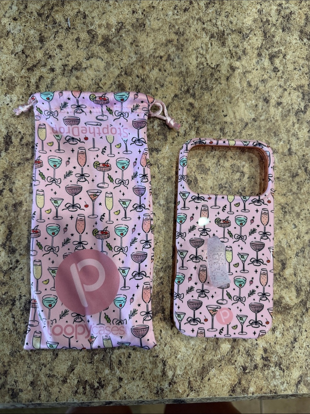 Loopy Case Pink Cocktail Glasses Pattern Phone Case with Matching Pouch- 17 pro